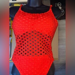 New CARMEN MARC VALVO Scoop-Neck Crochet One Piece Swimsuit, Persimmon, Sz 14